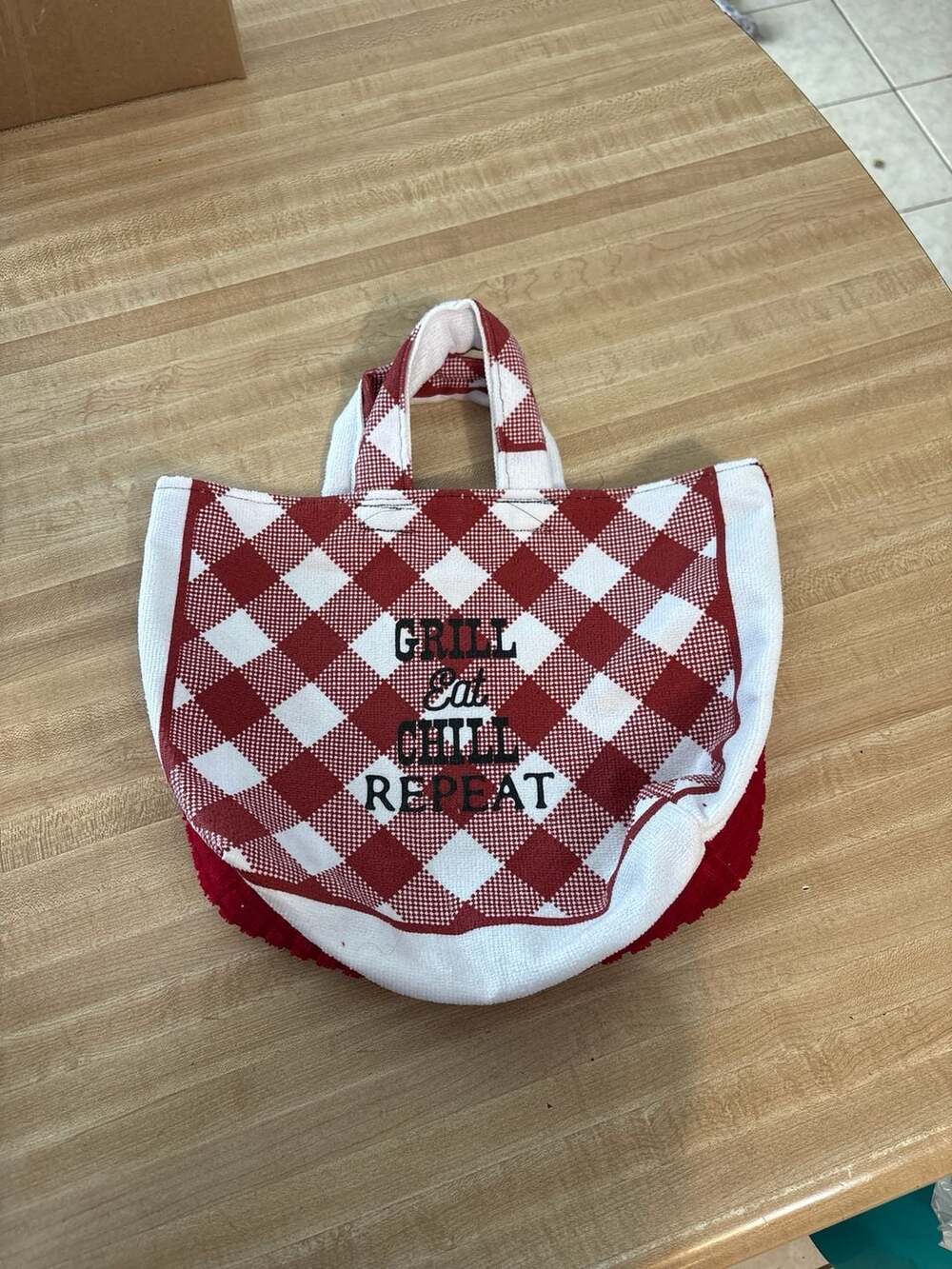 Handmade Cotton Dish Towel Tote Grill Eat Chill Repeat Buffalo Plaid Red BBQ Bag